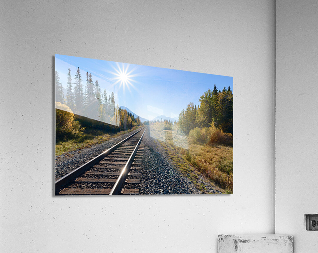 Banff train tracks with sun mountains 3 Acrylic Print