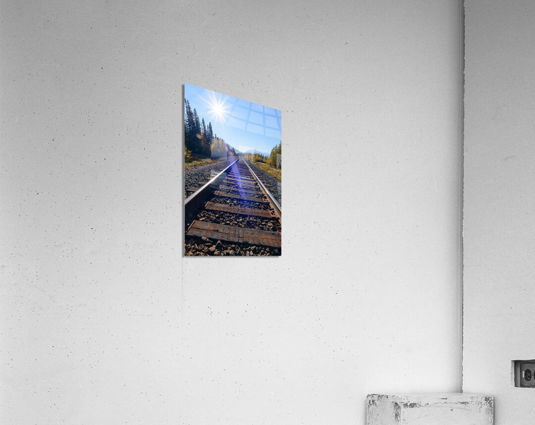 Banff Train Tracks with sun Acrylic Print