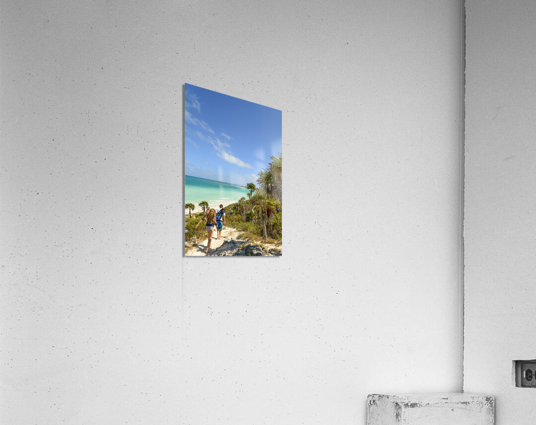 sand dune walk next to aqua ocean Acrylic Print