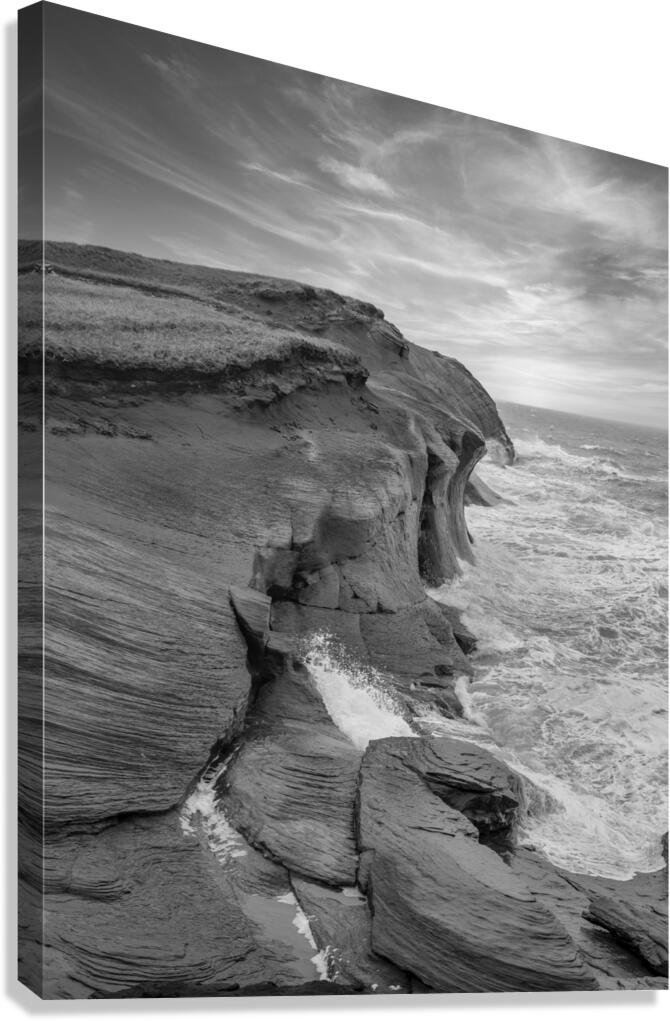 Iles De La Madeleine cliffs black and white Canvas Print