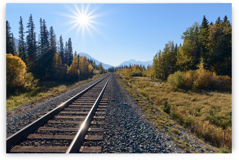 Banff train tracks with sun mountains 3 by Justin Richard Batten