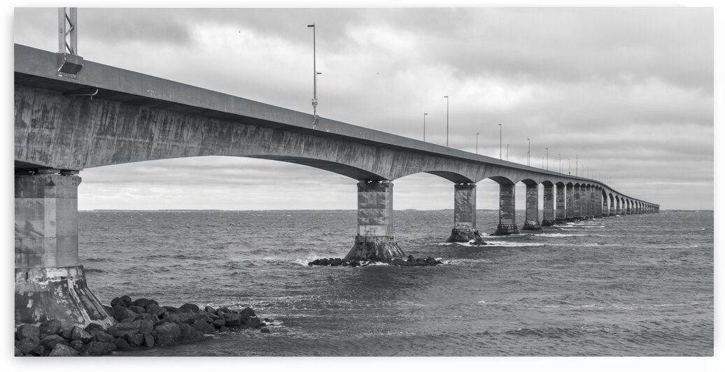 Confederation bridge in black and white wide view PEI by Justin Richard Batten