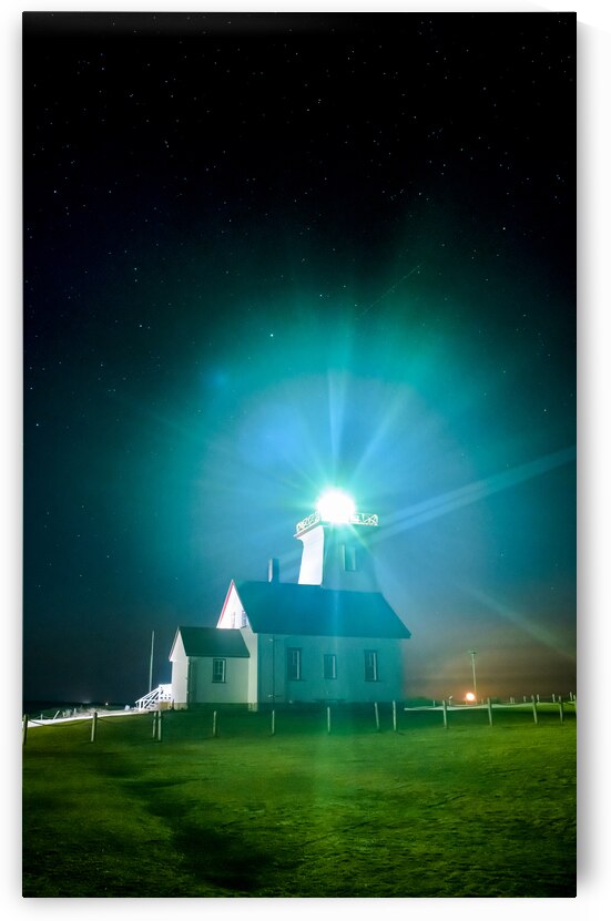 Wood island lighthouse PEI night with moon rise by Justin Richard Batten