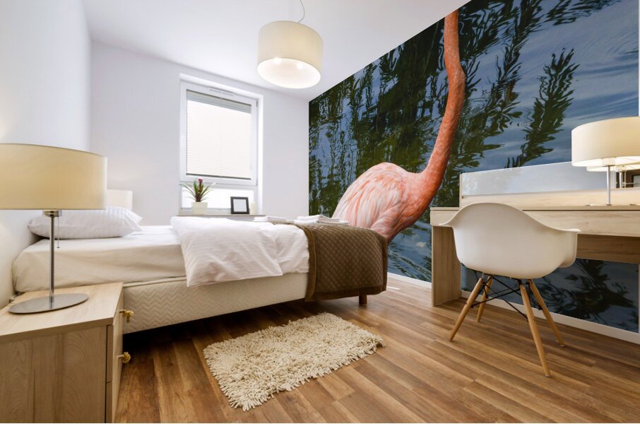 Pink flamingo in pond Mural print
