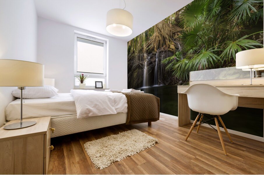 Jungle tree waterfall sunrays Mural print