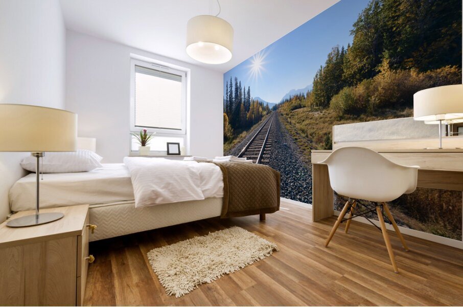Banff train tracks with sun mountains 3 Mural print