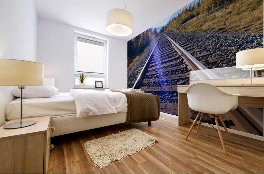 Banff Train Tracks with sun Mural print