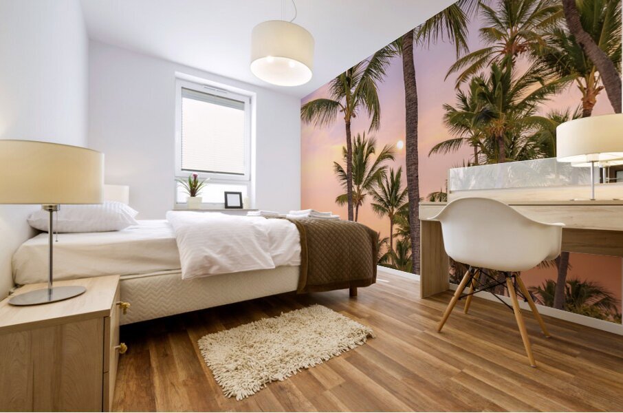 Palmtrees on coloured sky with moon Mural print