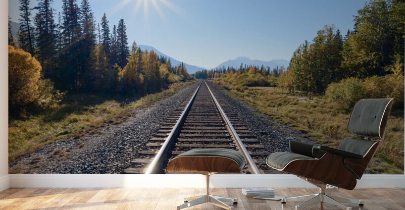 Banff Train tracks with sun 2 Wall Murals