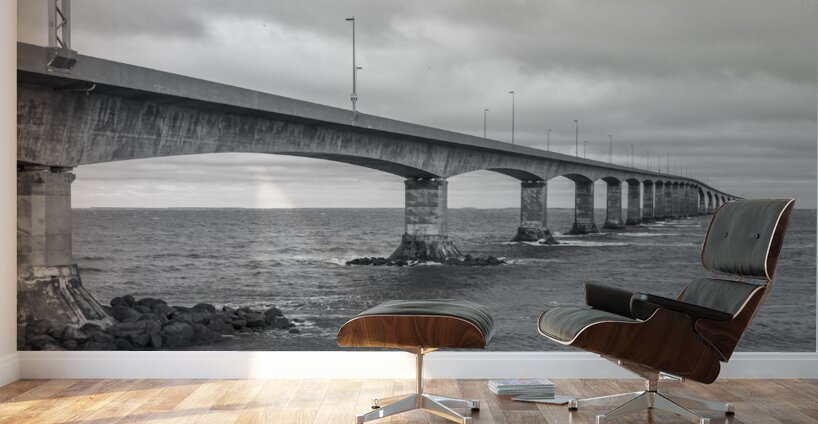 Confederation bridge in black and white wide view PEI Wall Murals