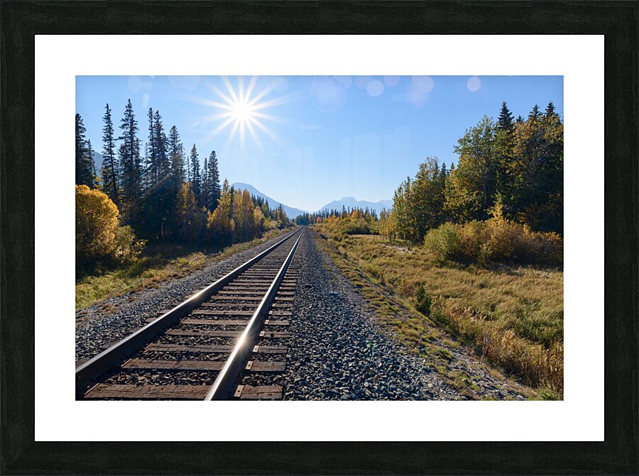 Banff train tracks with sun mountains 3 Picture Frame print