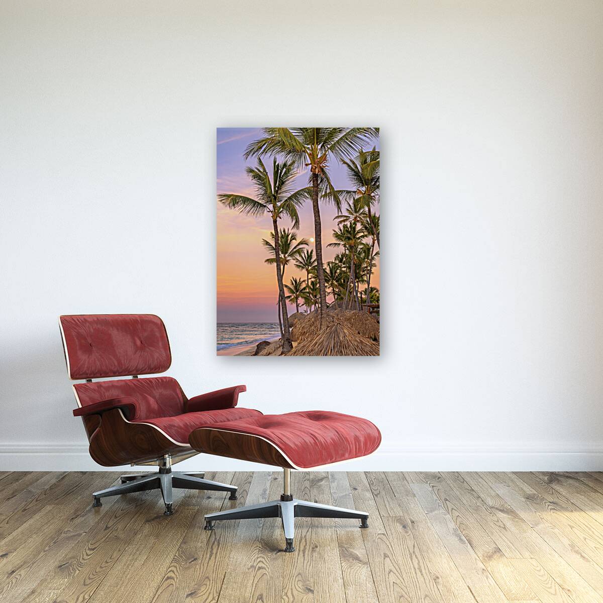 Palmtrees on coloured sky with moon Reproduction