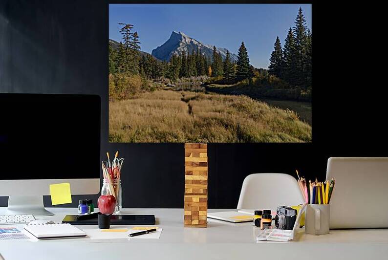 Banff Bow river banks mountains 2-8 by Justin Richard Batten