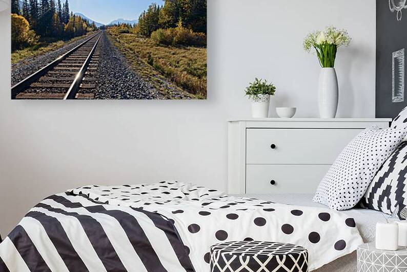 Banff train tracks with sun mountains 3 by Justin Richard Batten