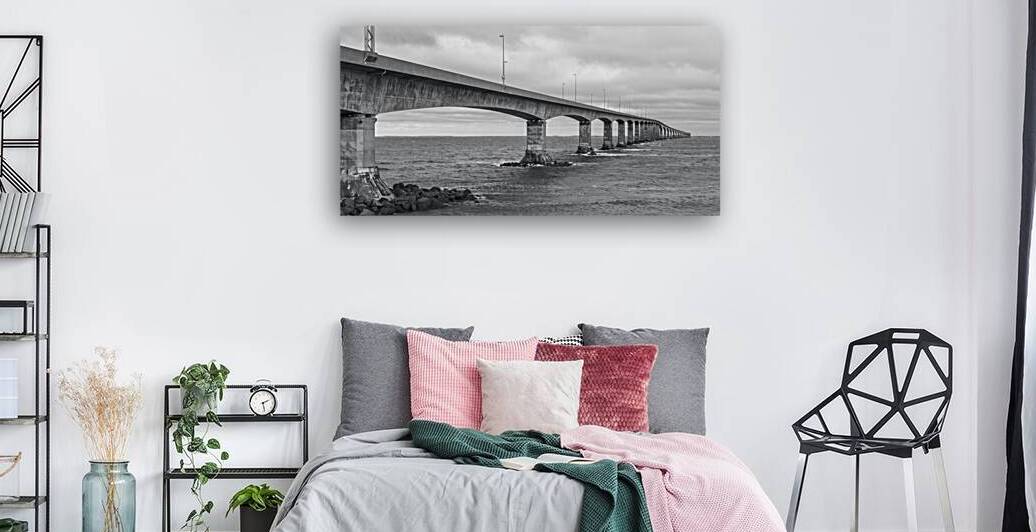 Confederation bridge in black and white wide view PEI by Justin Richard Batten