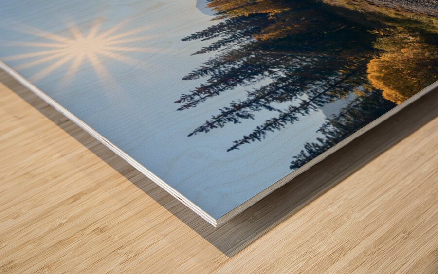 Banff train tracks with sun mountains 3 Wood print